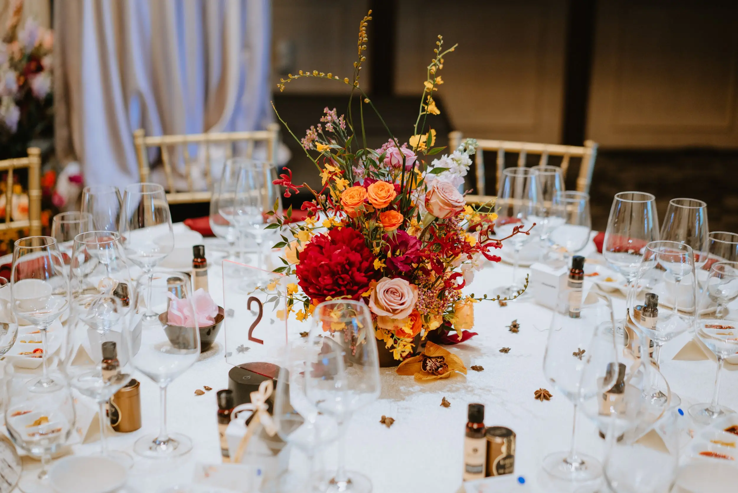 Bold colored florals were also styled for VIP tables so that guests can appreciate them up close.