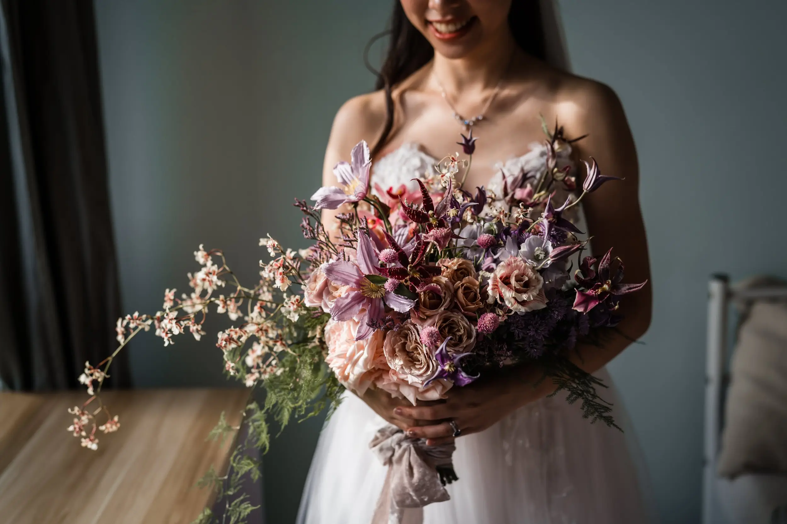 Blending a mix light purples and blush tones with darker wine hues for HX’s bouquet